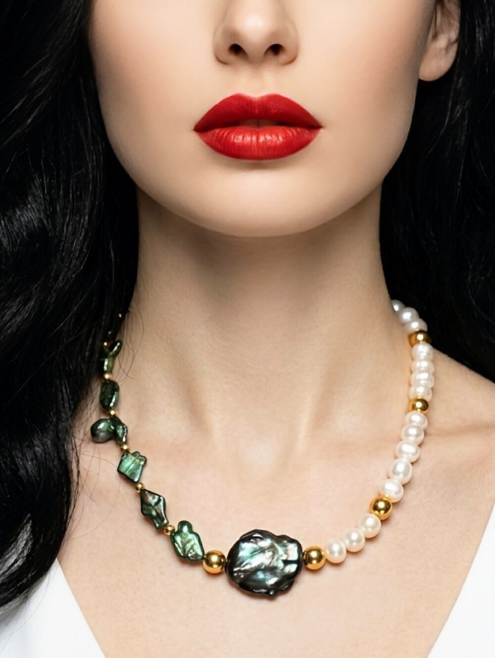 Natural  Green Pearls With Coin Center & White Pearls In Assymetrical Necklace